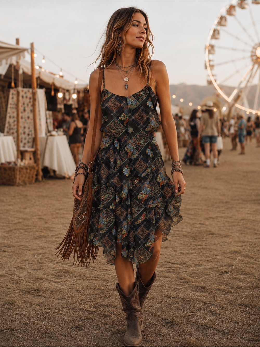 Free People Boho Patchwork Ruffle Daisy Chain Dress size 4
